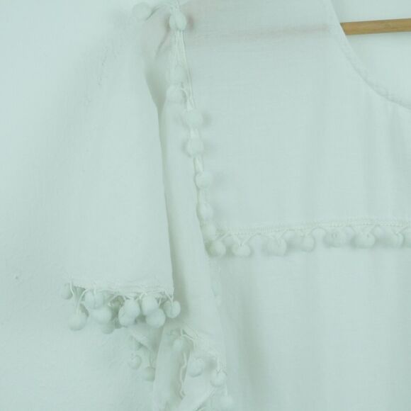 Amita Naithani Large Swim Cover Up White Embroidered Pompom Sheer Boho Vacation - Picture 2 of 9